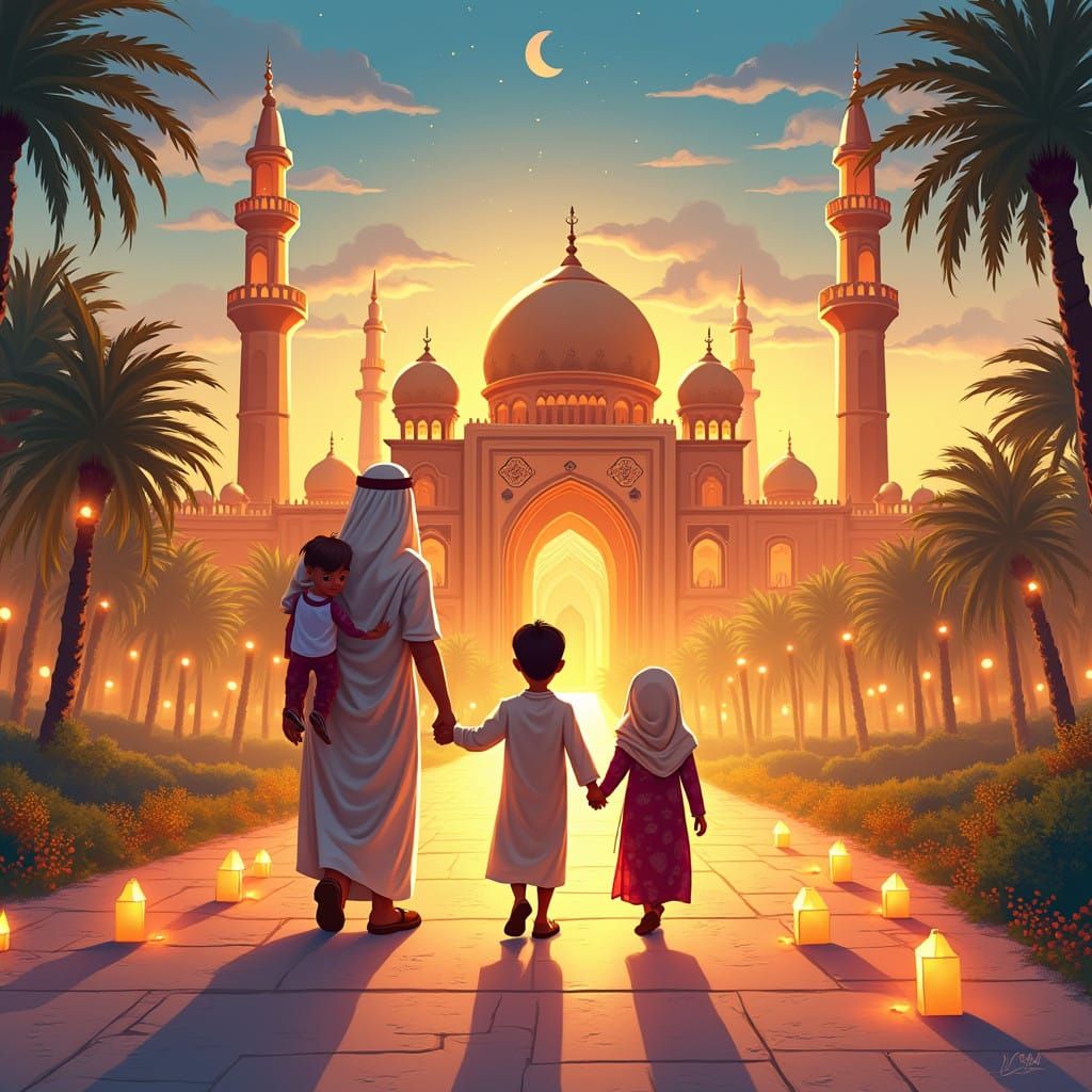 A Vibrant Ramadan Scene with a Muslim Family and Mosque