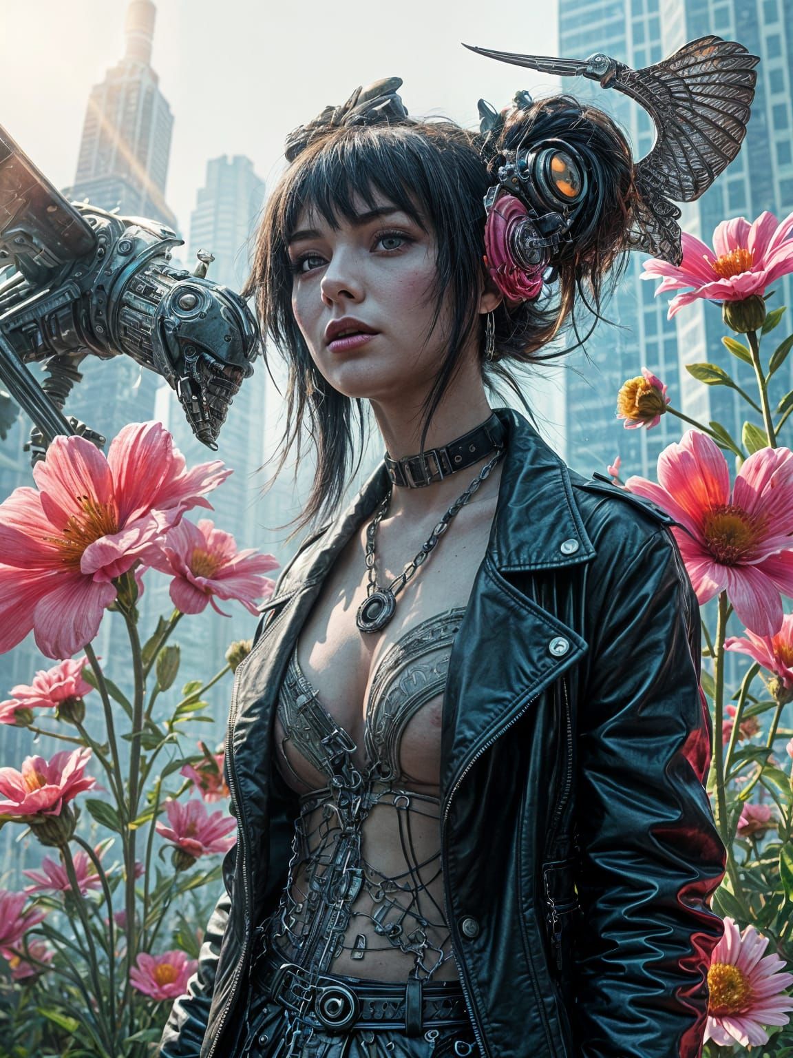 Post-Apocalyptic Gothpunk Beauty Amidst Cyborgs and Flowers