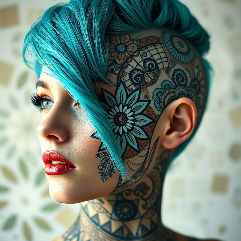 Woman with Turquoise Hair in Zentangle Mosaic Style