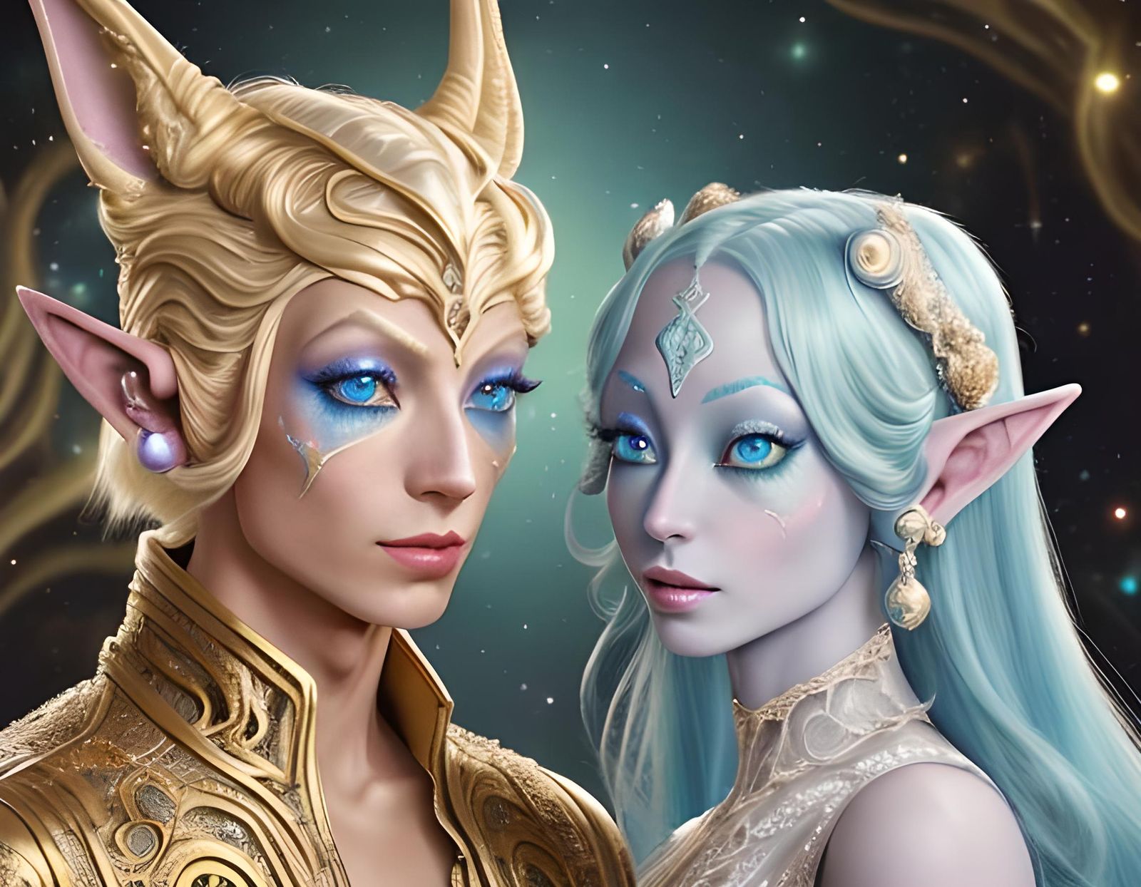 Elegant Alien Lovers in Futuristic Rococo Style