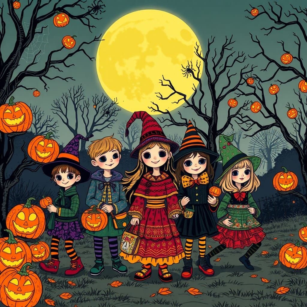 Halloween Night: Children Trick-or-Treating in Costume