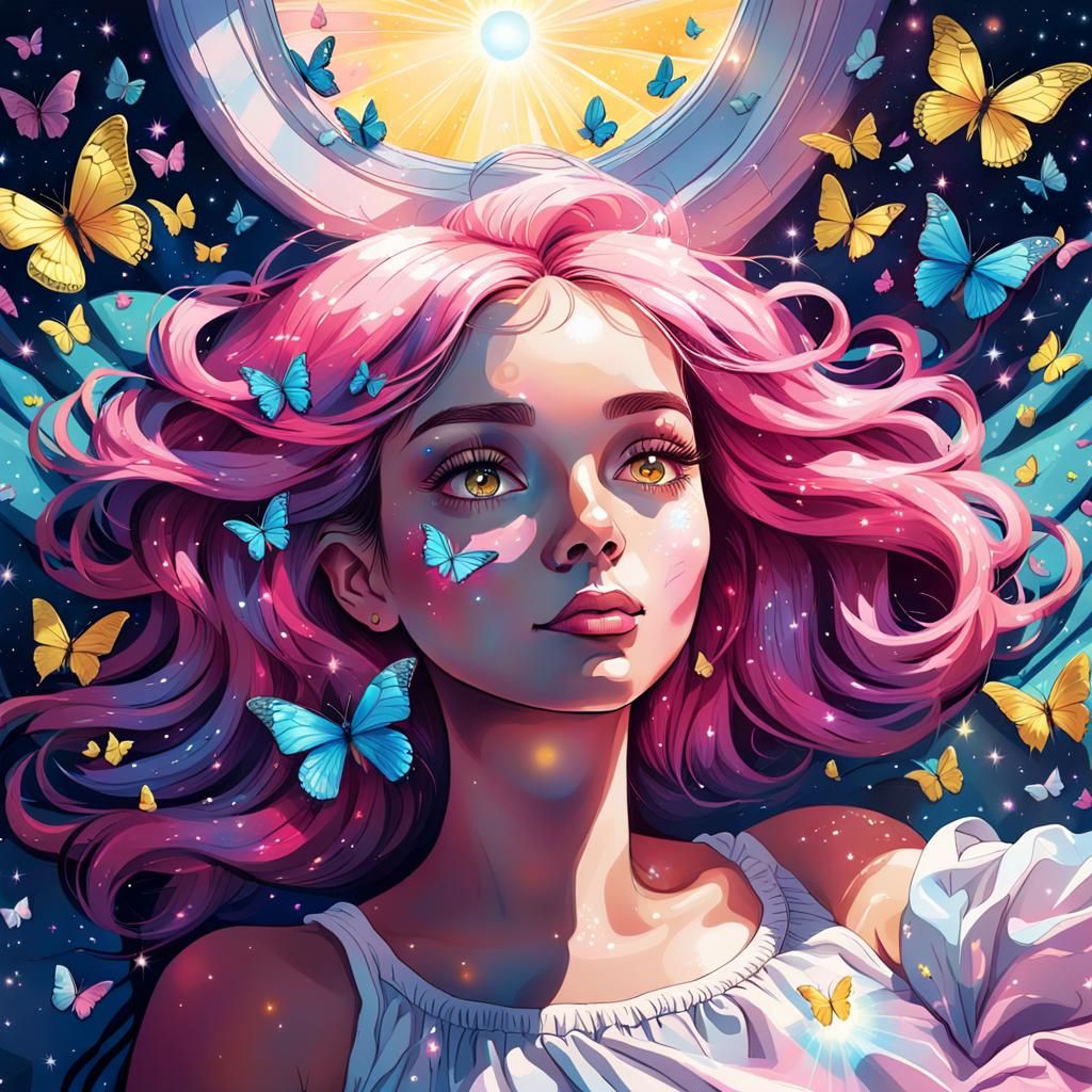 Girl with Butterflies in Hair, Astral Illustration