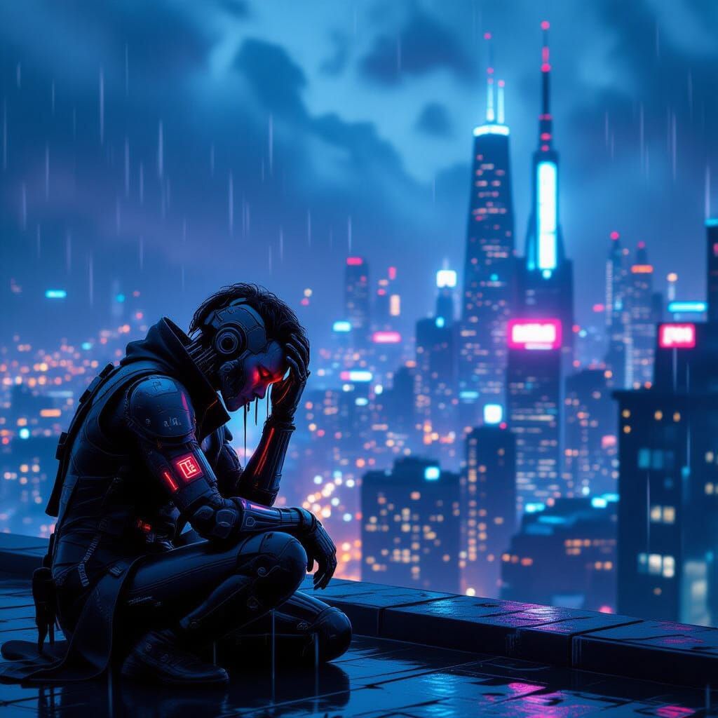 Cyberpunk Cyborg Weeping on Neon Rooftop