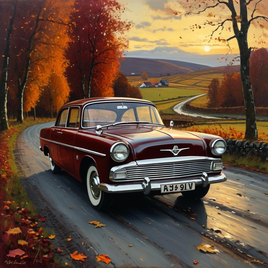 Vintage Vauxhall Car in Autumn Landscape Oil Painting