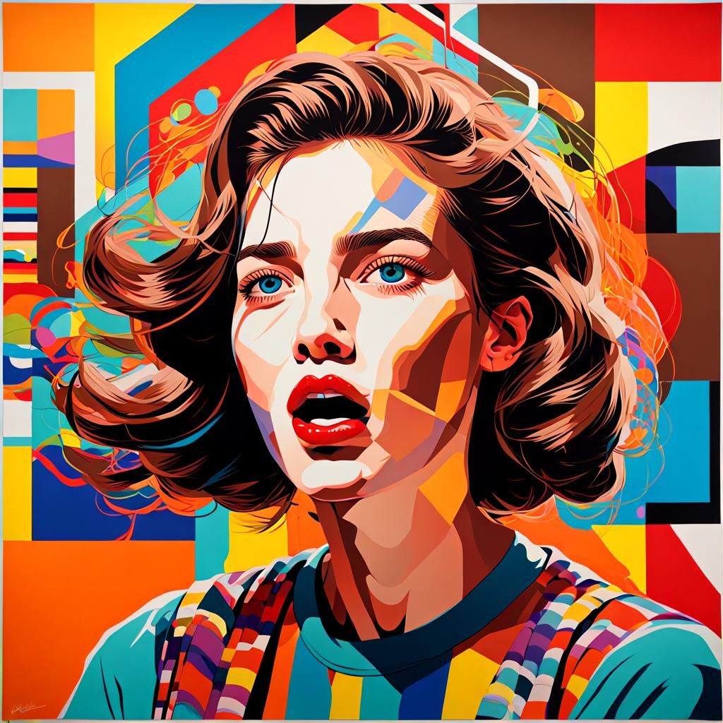 Pop Art Woman Vomiting Cylinders in Bright Colors