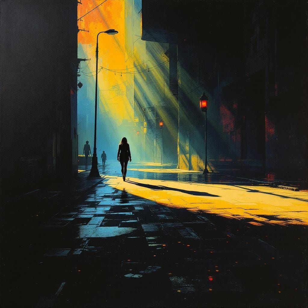 Figure Walking Down Sunlit Street, Golden Age Illustration