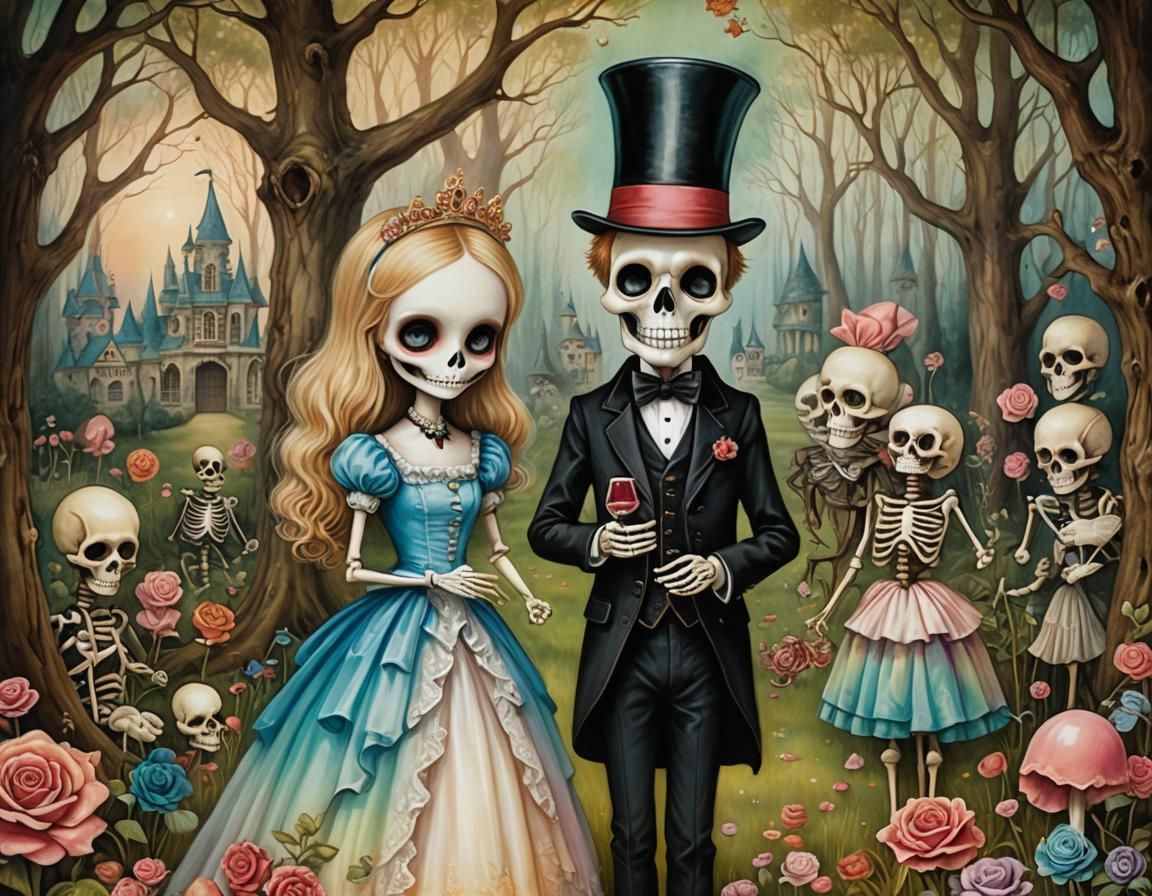 Whimsical Storybook Bride and Skeleton in Wonderland