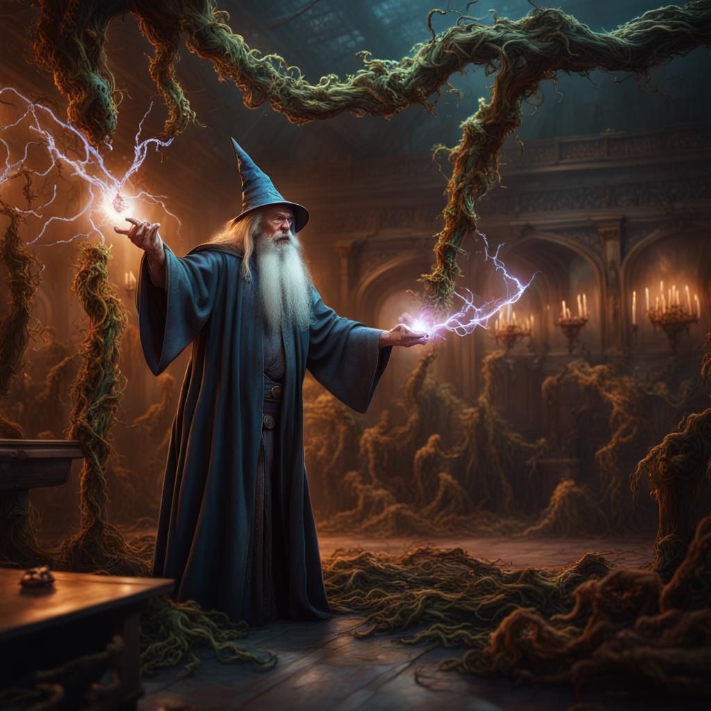 Wizard Casts Electricity at Vine in Detailed Matte Painting