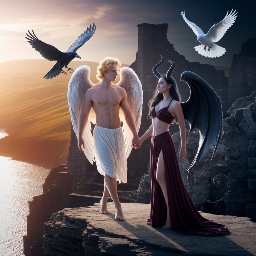 Angelic Man and Succubus on a Cliff