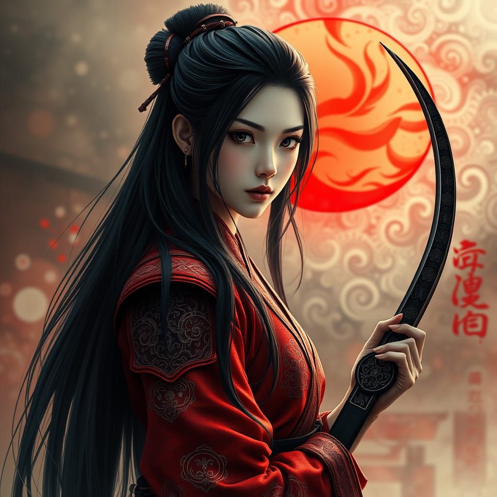 Enigmatic Female Samurai in Traditional Red Armor