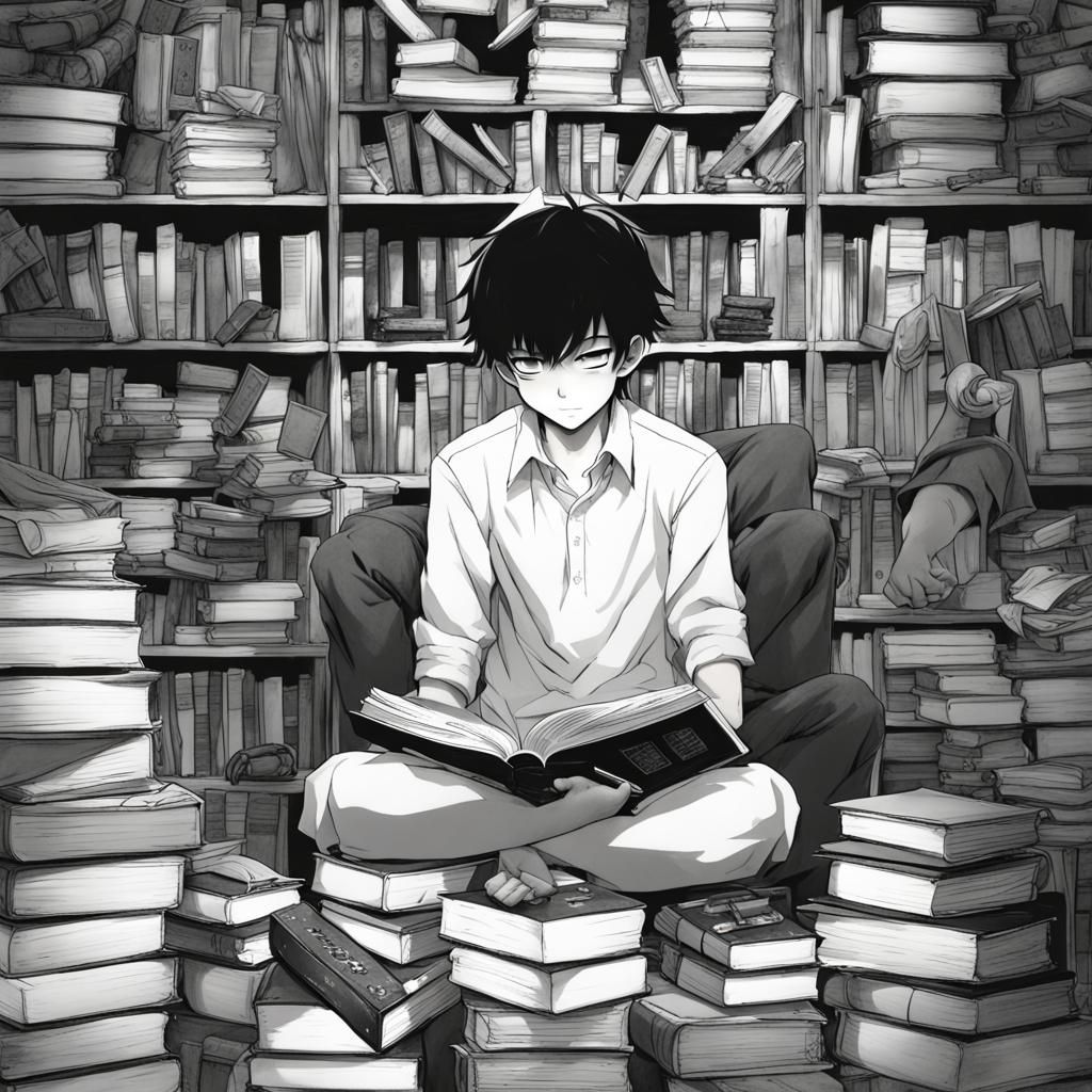 Monochrome Anime Boy Surrounded by Books