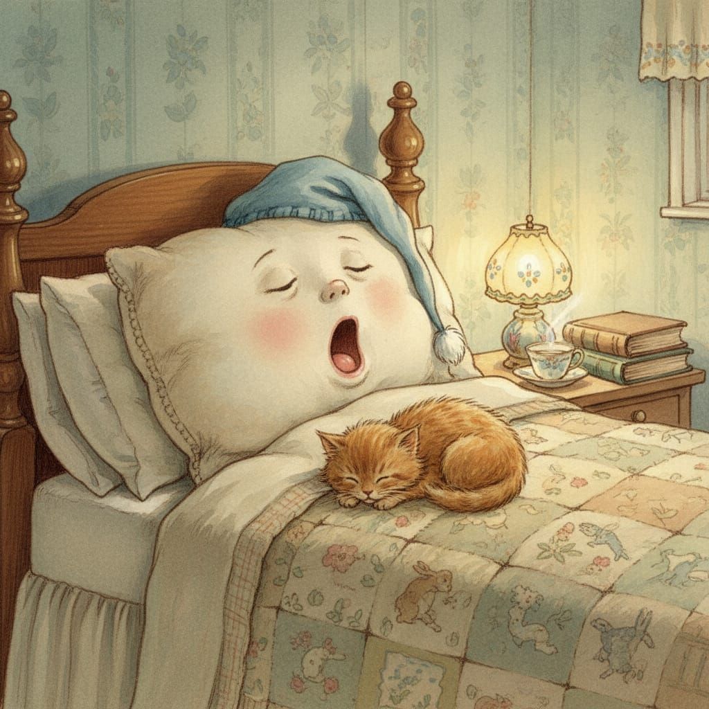Sleepy Pillow Yawning in Cozy Room - Children's Book Style