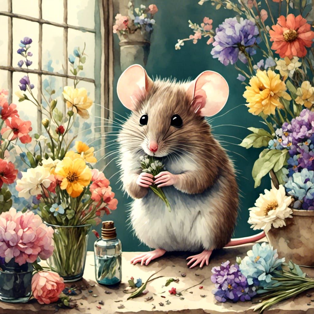 Cute Florist Mouse in Antique Watercolor Style