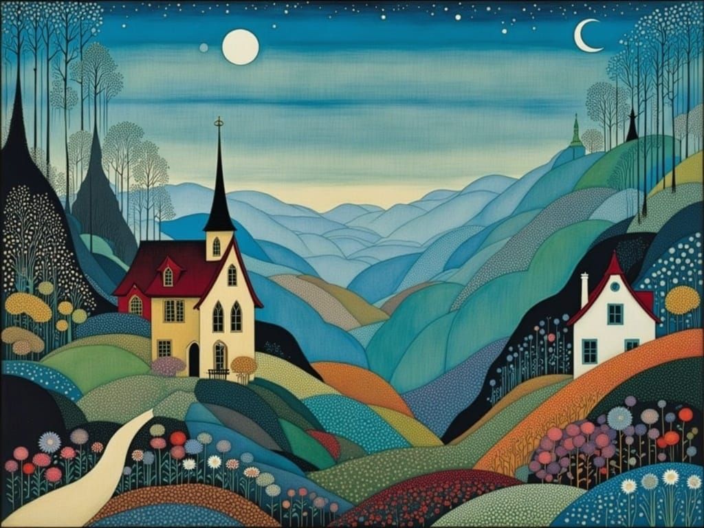 Surreal Valley of Twilight: Watercolor and Geometric Art