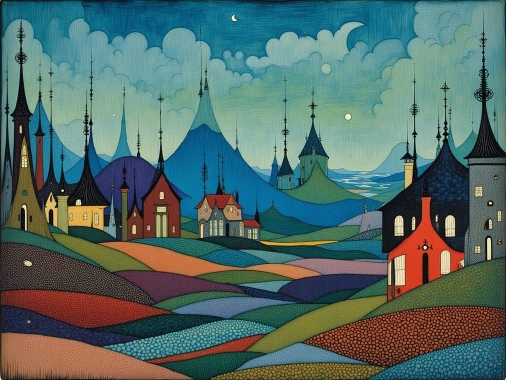 Twilight Landscape in Whimsical Watercolor Style