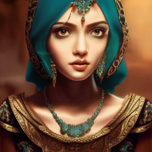 Young Princess with Turquoise Hijab in Hyper-Realistic Style