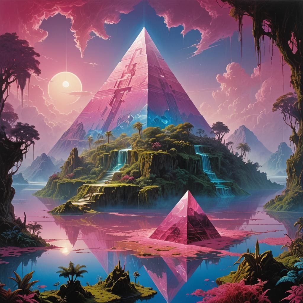 Crystal Pyramid in Radiant Lake: Roger Dean-like Sci-Fi