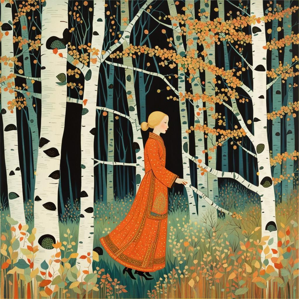 Girl in Birch Forest Inspired by Golden Age Illustration