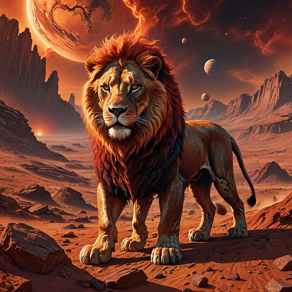 Mars as a Lion in Baroque Sci-Fi Style