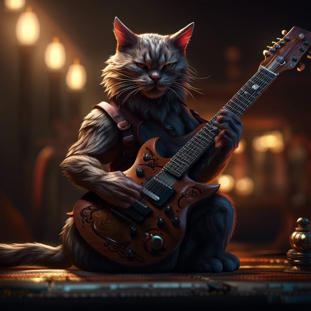 Muscular Cat Playing Guitar in Dark Fantasy Style