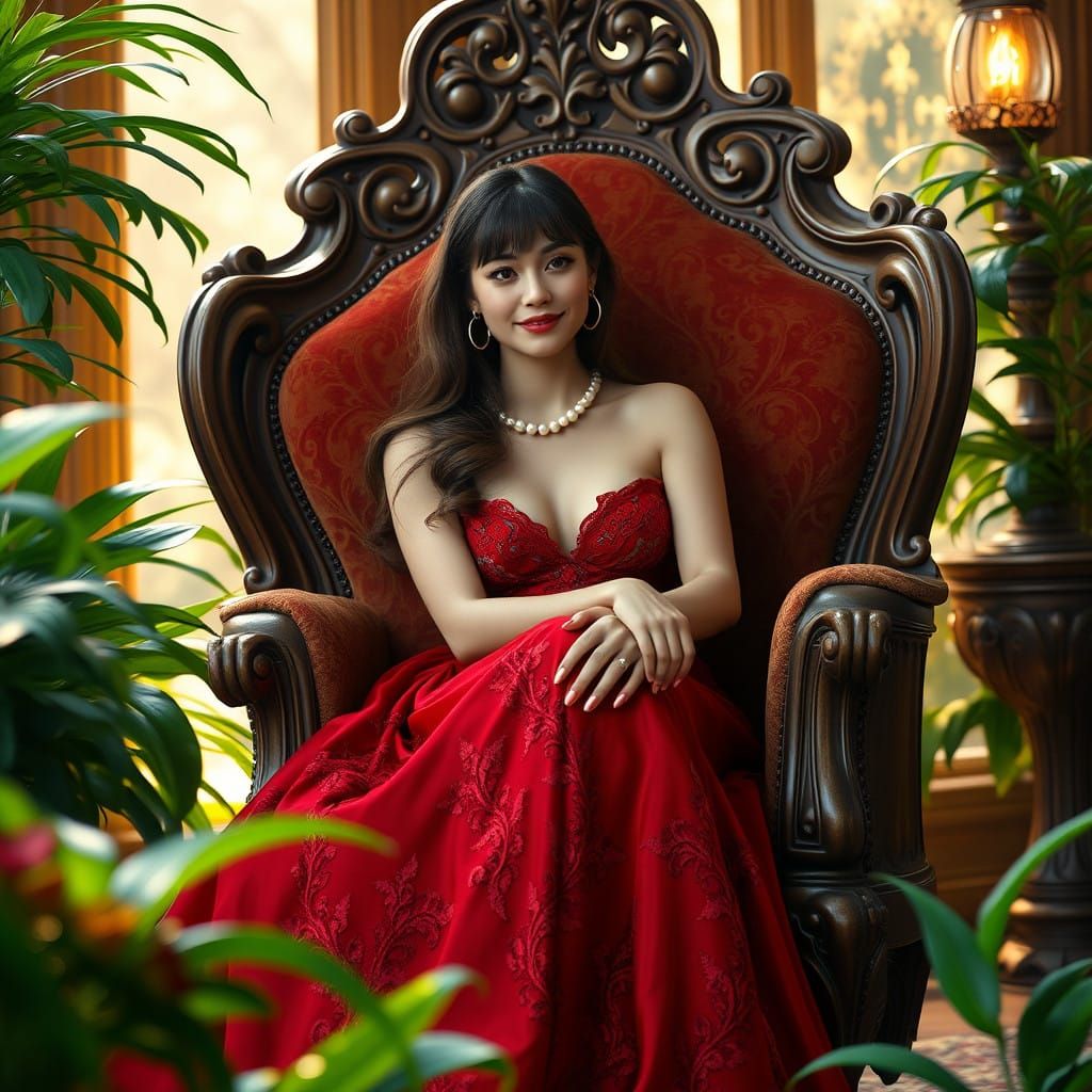 Ethereal Woman in Red Gown Amidst Golden Gardens