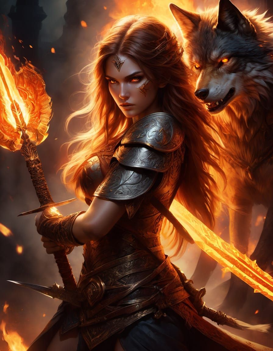 Fantasy Warrior Woman Engages Wolf Creature in Cinematic Bat...