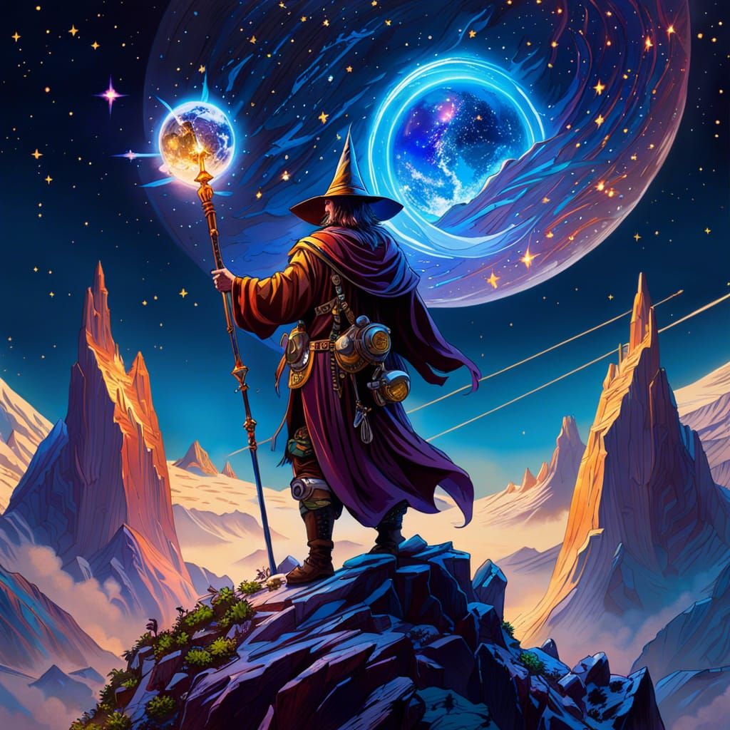 Wizard with Magical Staff in Space, Digital Art