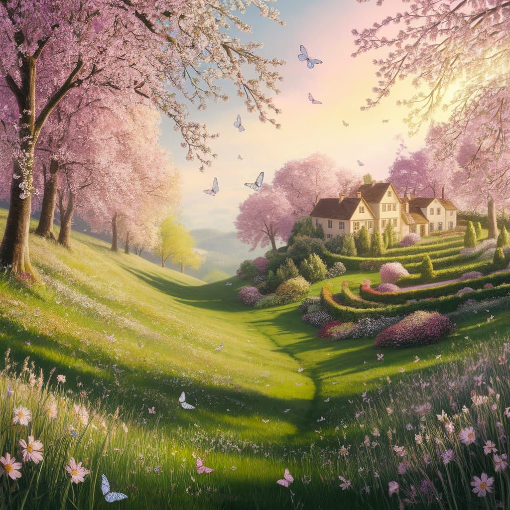 Idyllic Springtime Village Scene in Whimsical Watercolor Sty...