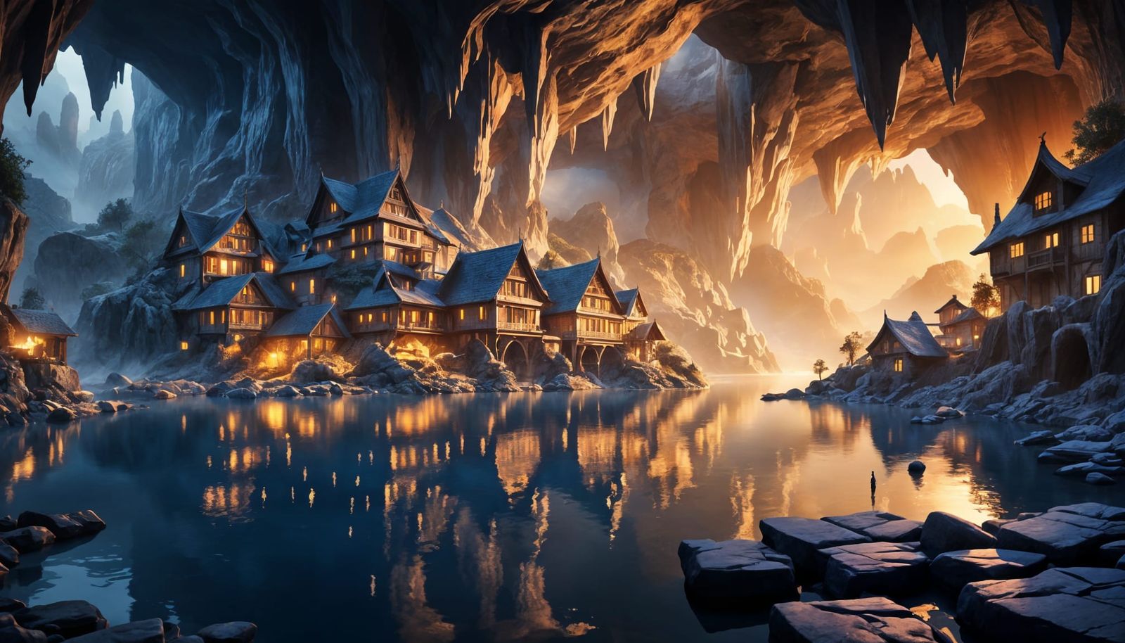 Epic Cavern With Pale Lake and Stone Houses