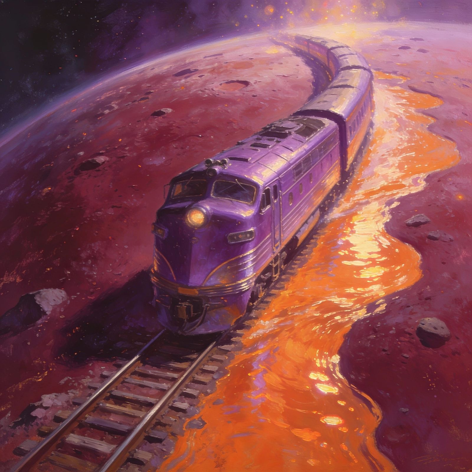 Purple Train on Burgundy Planet with Orange Water