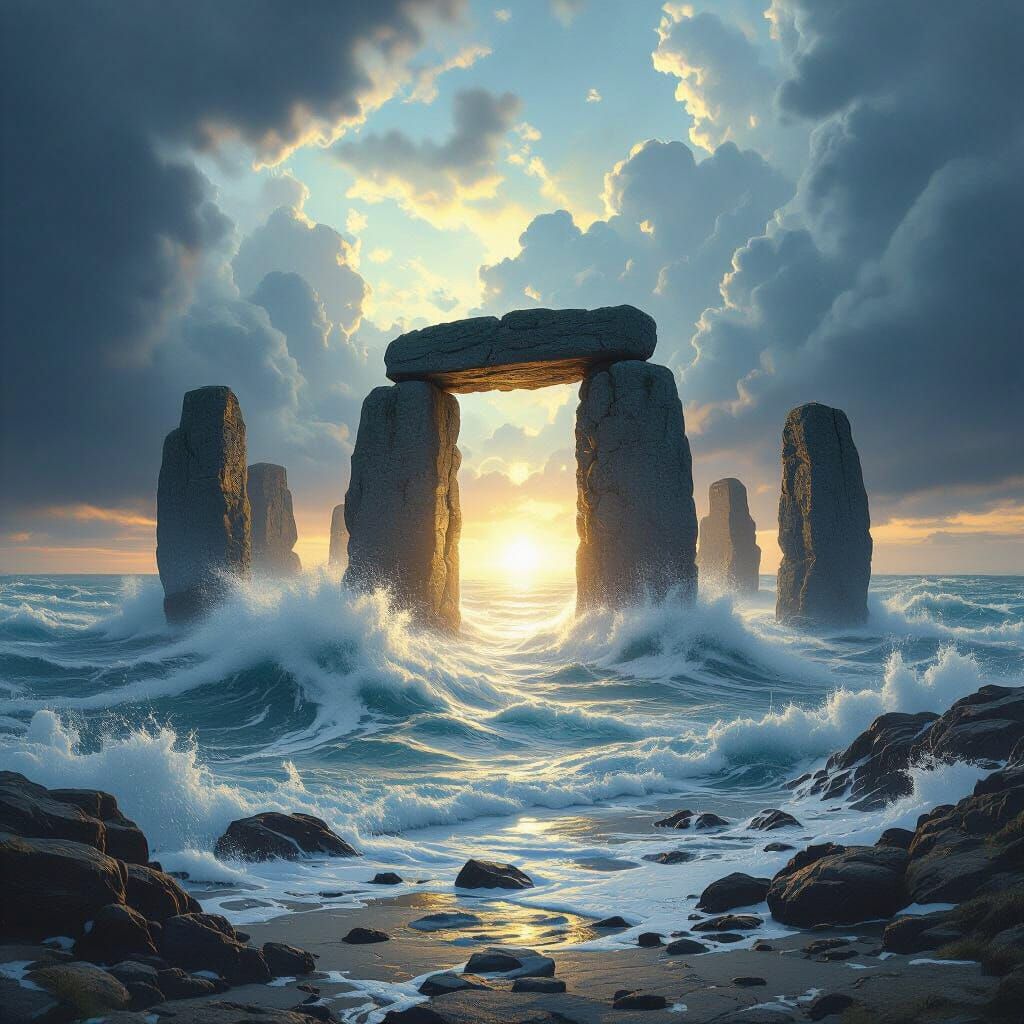 Stormy Sea Portal to Serene Landscape
