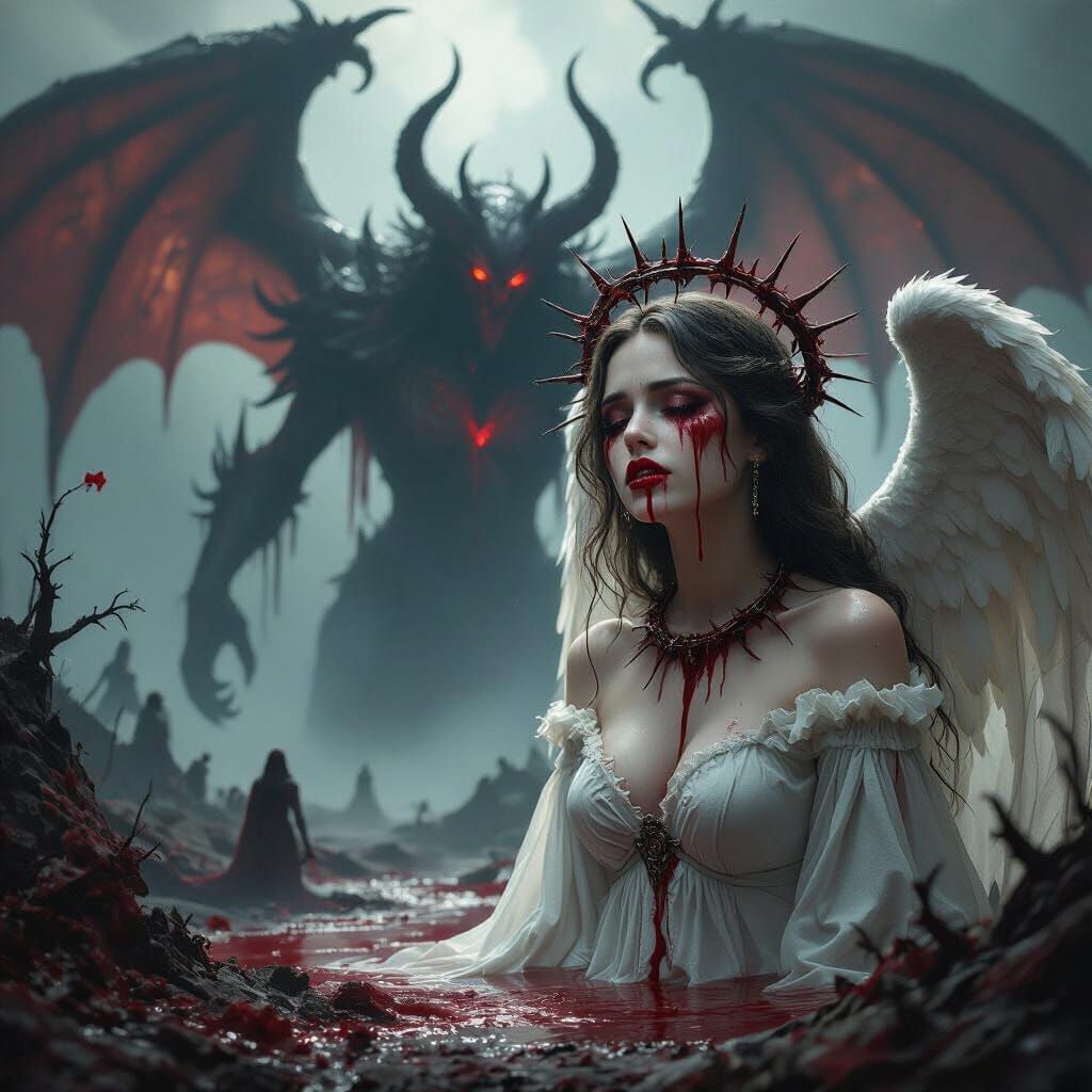 Gothic Angel with Blood Tears in Demonic Horror Landscape