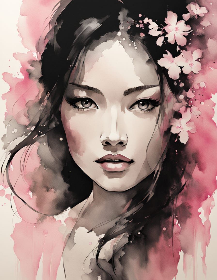 Ink Painting of a Beautiful Woman with Wedding Veil