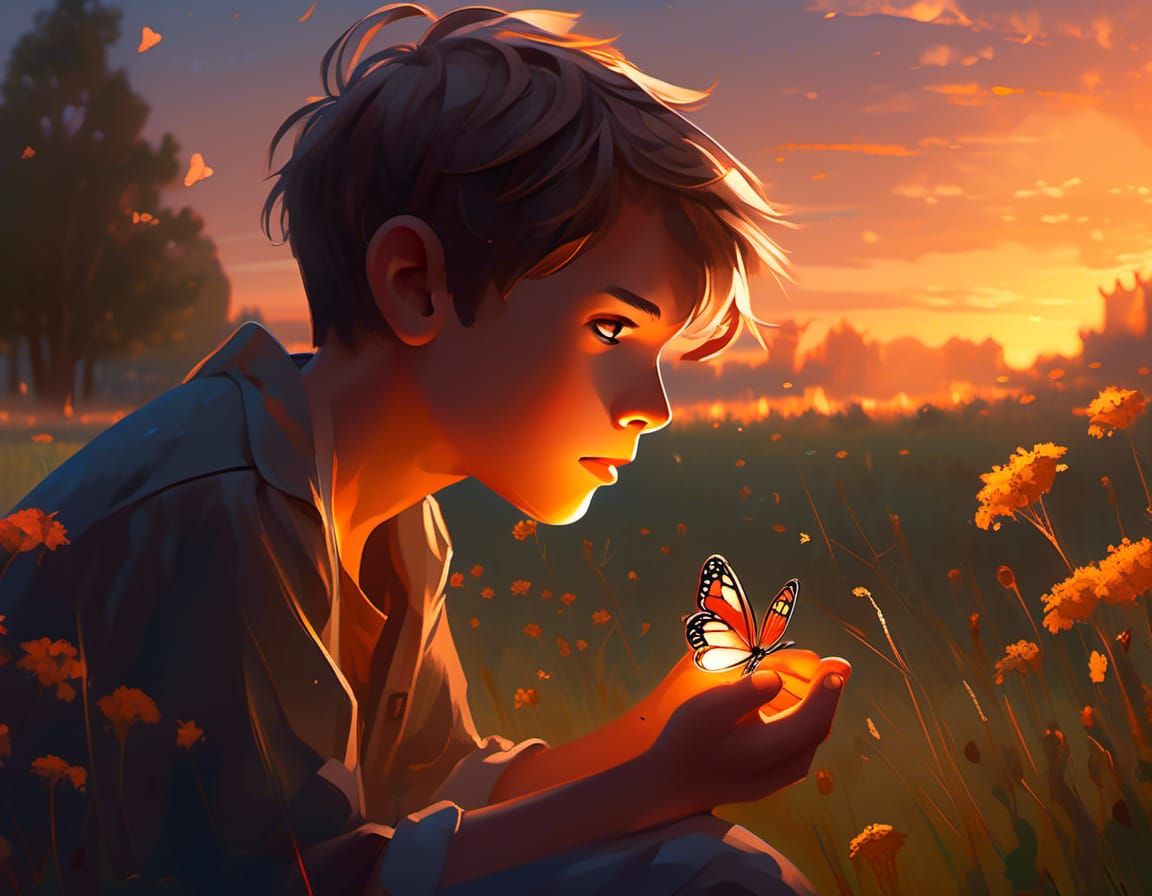 Boy with Glowing Butterfly in Golden Meadow