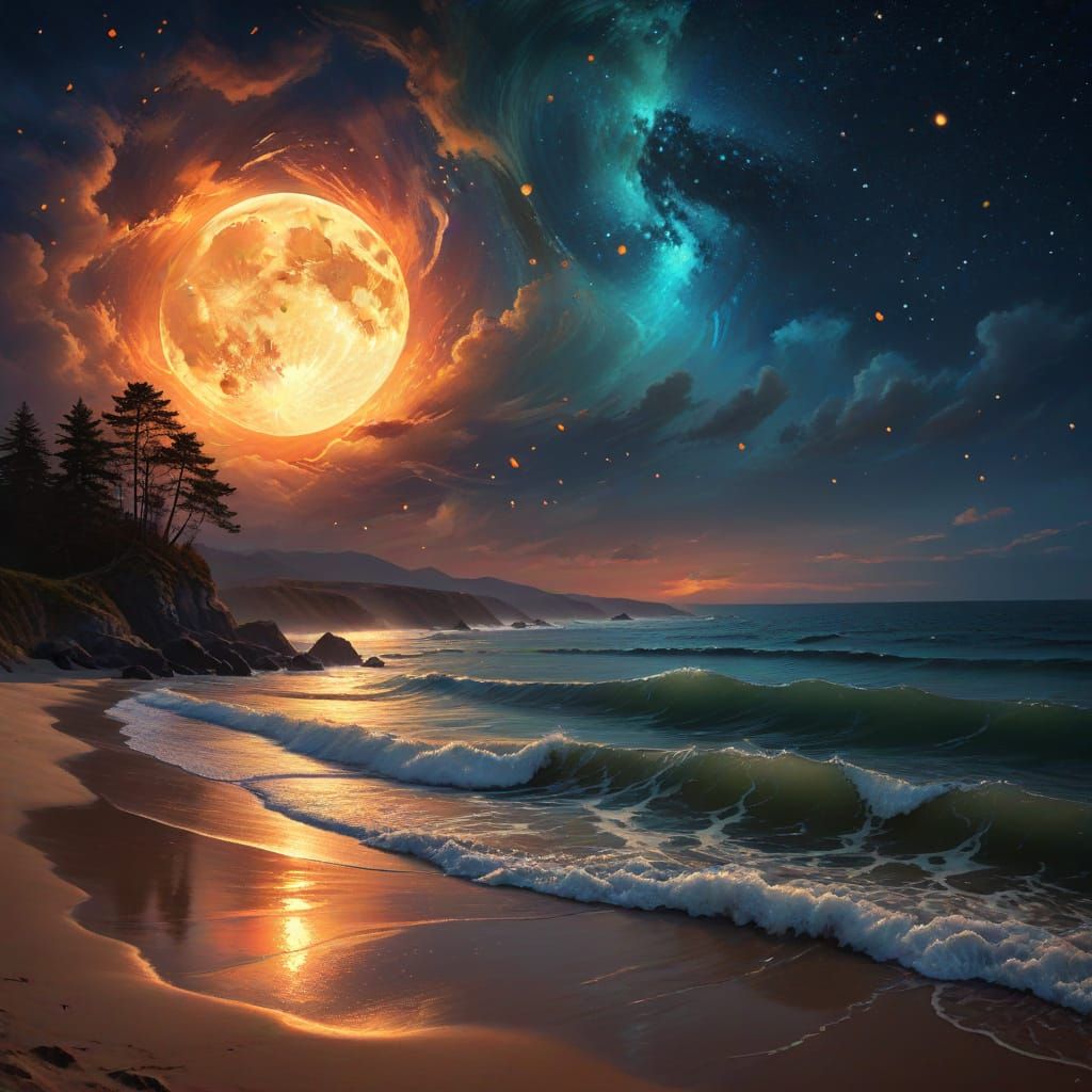 The moon looks at the beach