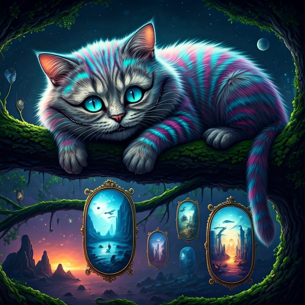 Fractal Cheshire Cat Perched on Portal Branch
