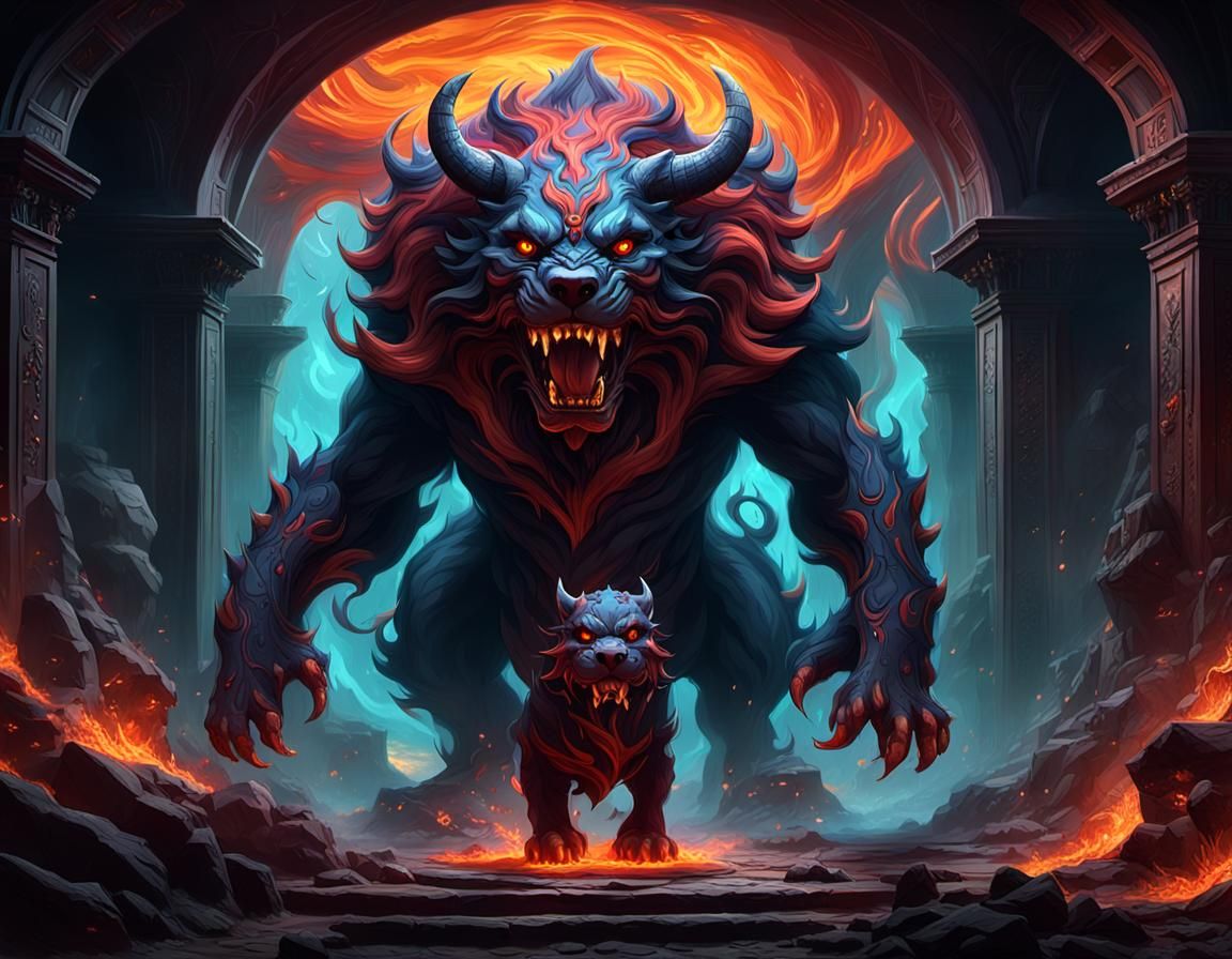 Cerberus Guards Underworld Entrance in Comic Art Style