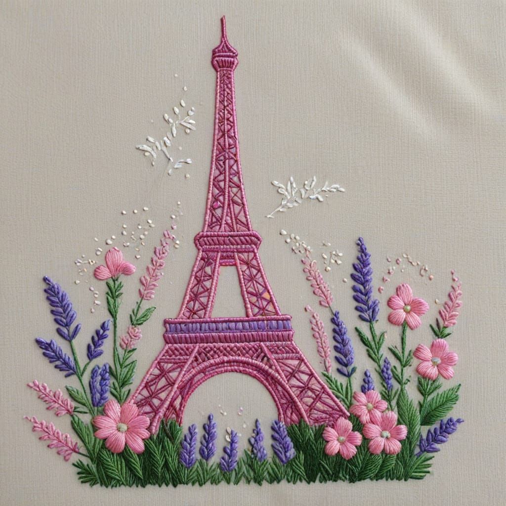 Delicate Embroidered Eiffel Tower Scene with Pink Lavender