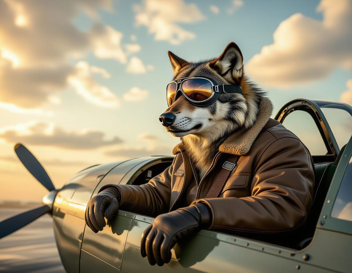 Wolf Pilot in Vintage Plane, Rockwell Style