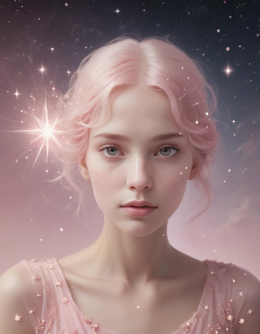 Ethereal Light Pink Portrait Merging with Stars