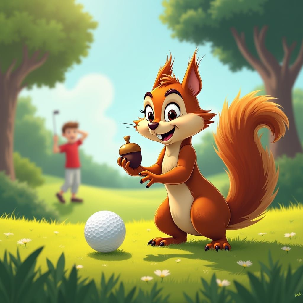 Cartoon Squirrel Mischief on the Golf Course in Pixar Style