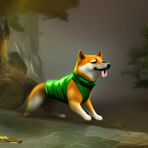 Shiba Inu as Green Hornet in Detailed Painting