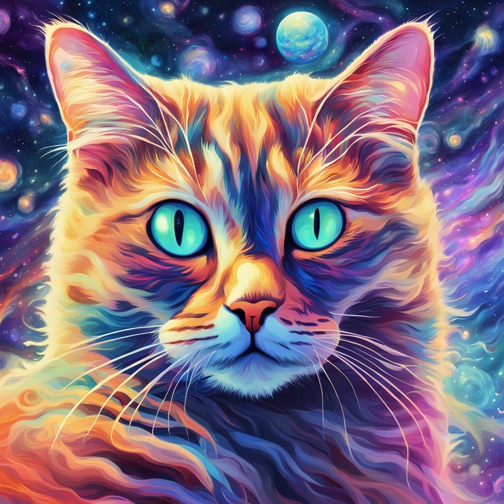 Calico Cat Floating in Space in Astral Art Style