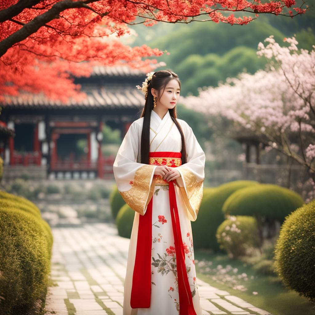 Girl in Red Hanfu Walking Through Garden