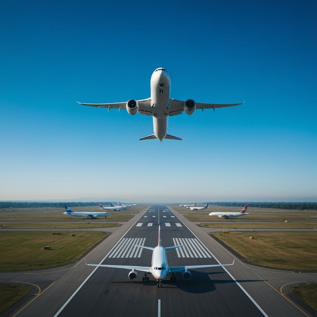 Commercial Airliner Soaring Above Airport Runway