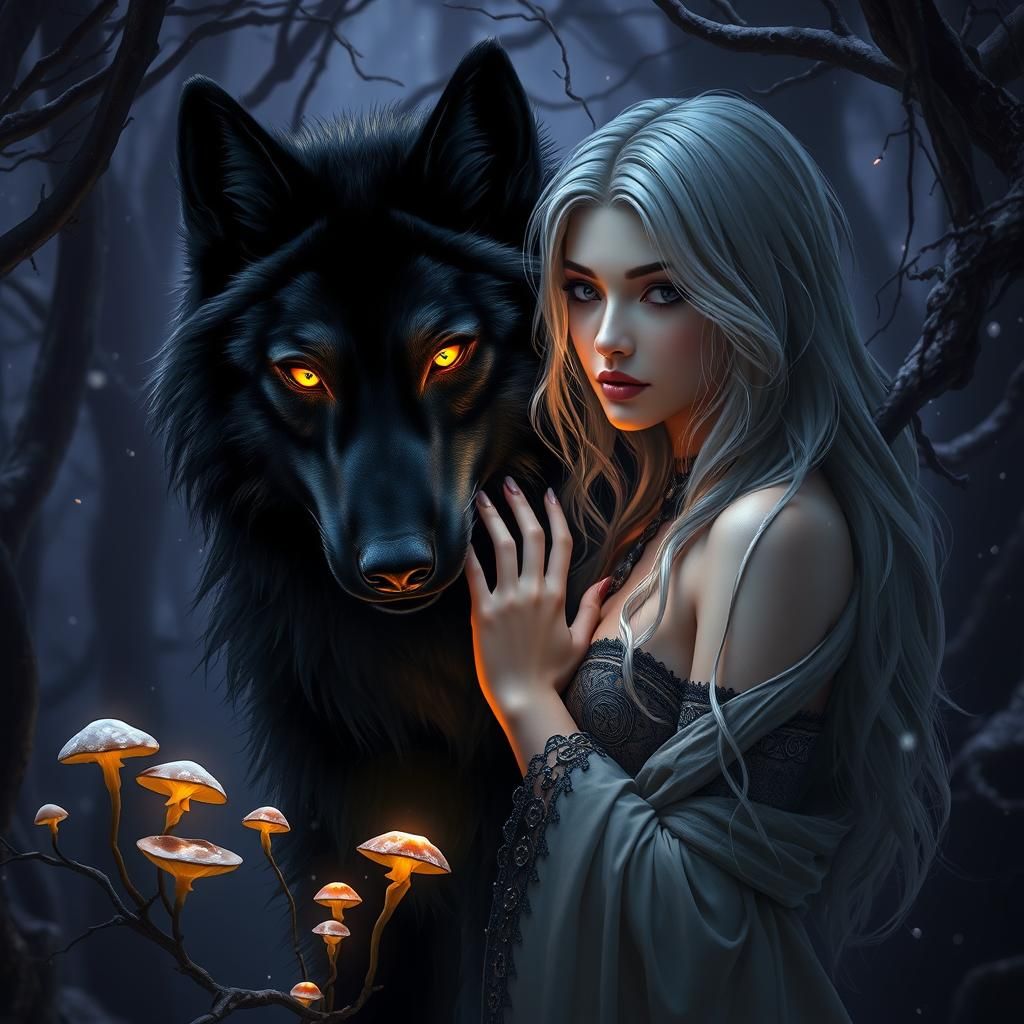 Mystical Wolf and Woman in Luminescent Forest