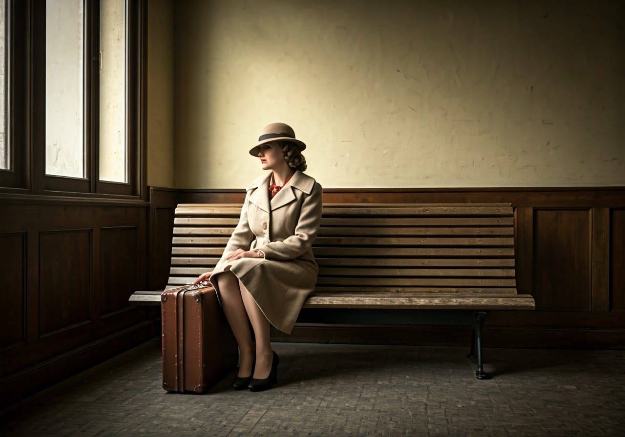 Elegant Woman Waits in Moody Train Station