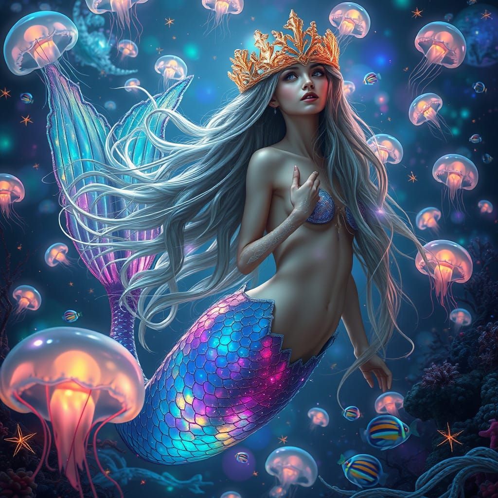 Ethereal Mermaid Emerges from Bioluminescent Ocean