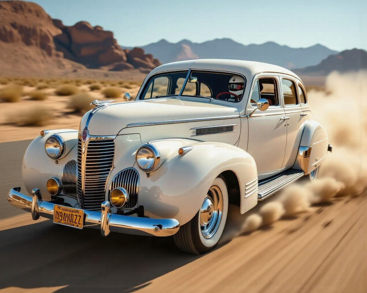 1940s Grand Limousine in Desert at Golden Hour
