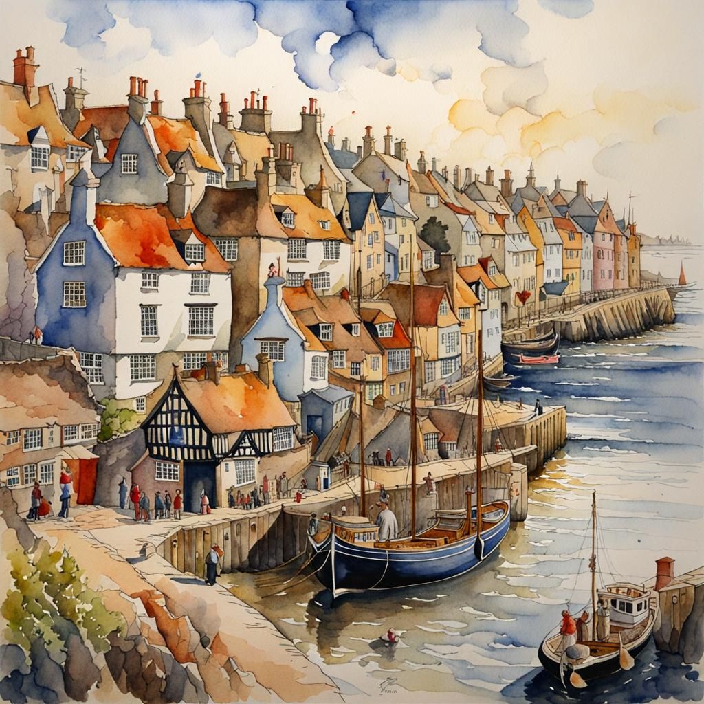 British Coastal City in Watercolour Style